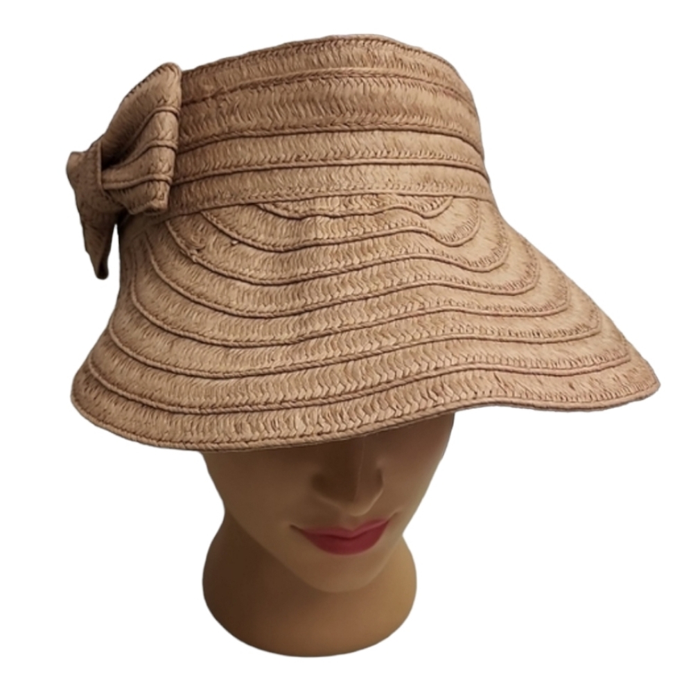 BETSEY JOHNSON Blush Mauve Paper Hat Cabow Cutie Straw Sun Visor Wide Brim - Picture 10 of 16